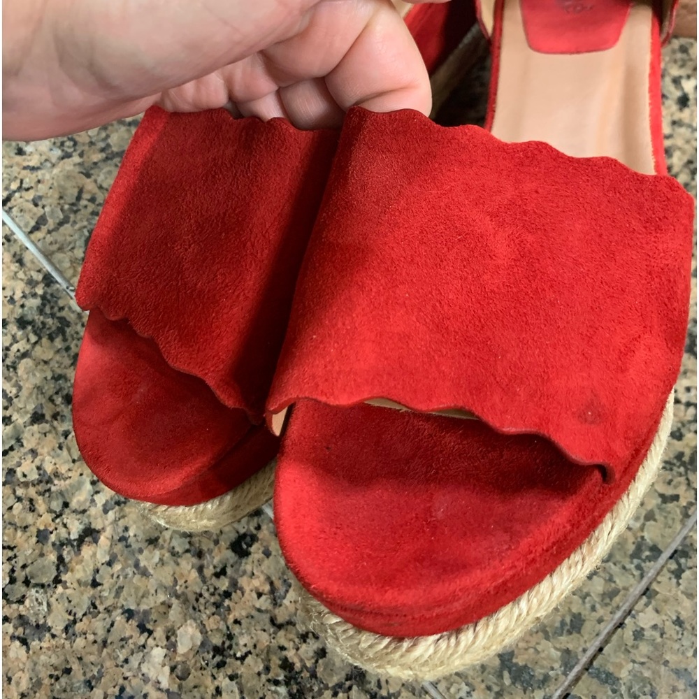 Red Suede Scallop Espadrille Sandals - Women - Picture 5 of 14